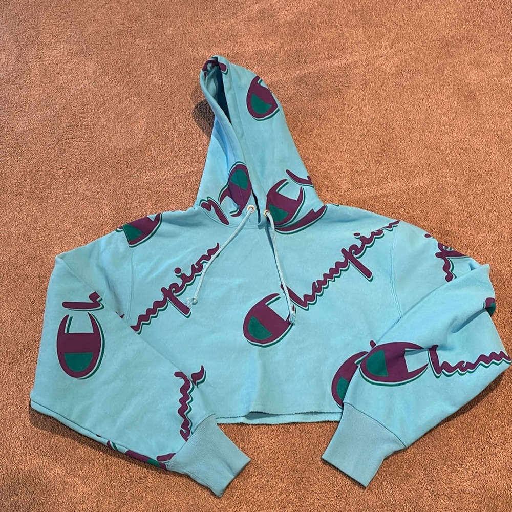 Champion Teal Cropped Hoodie with Purple Logo